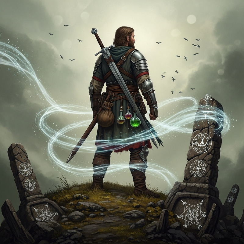 Geralt of Rivia, Medieval Warrior in Earthy Tones - Mystical Saga Illustration Geralt of Rivia, Medieval Warrior in Earthy Tones - Mystical Saga Illustration