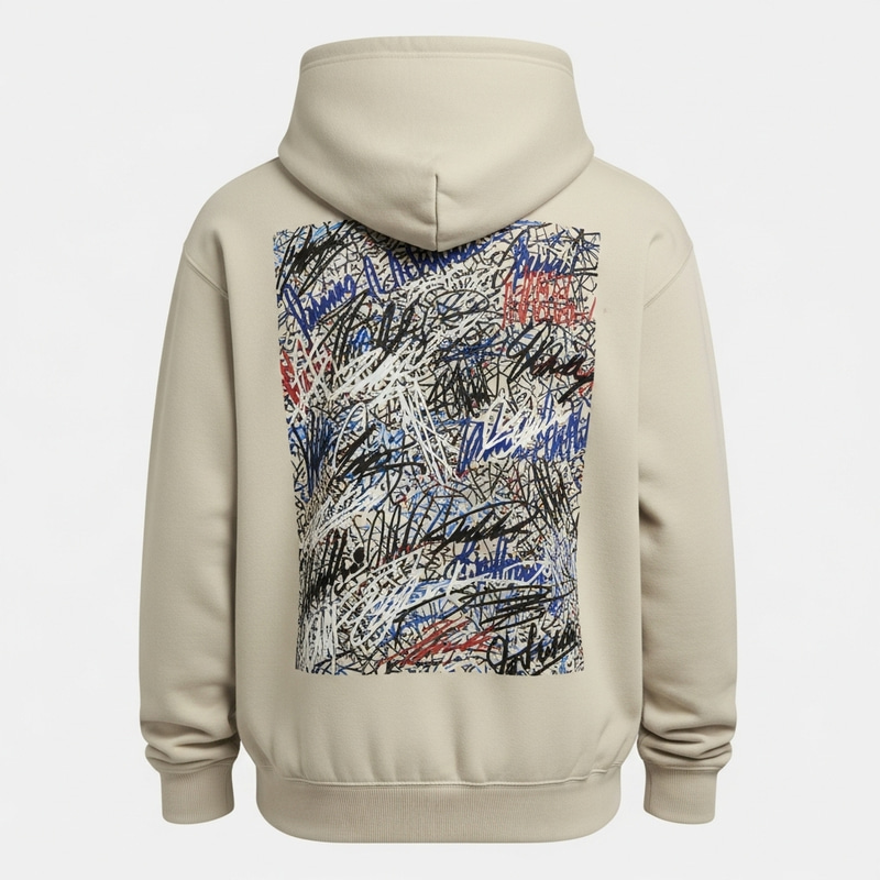 Beige Hoodie with Messy Signature Overlaps Beige Hoodie with Messy Signature Overlaps