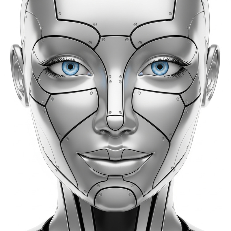 Elegant Feminine Bot Face with Subtle Smile on White Background