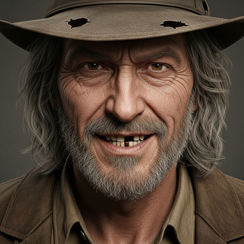 Detailed Portrait of Sinister 55-Year-Old Male Character | Intense Gaze & Brown Teeth
