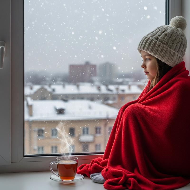 Cozy Winter Evening: Girl by Snowy Window with Hot Tea