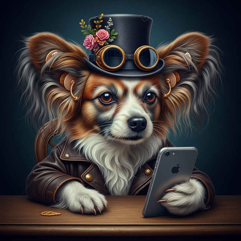 Vibrant Papillon Dog in Colorful Self-Portrait with Grey Beard and Top Hat
