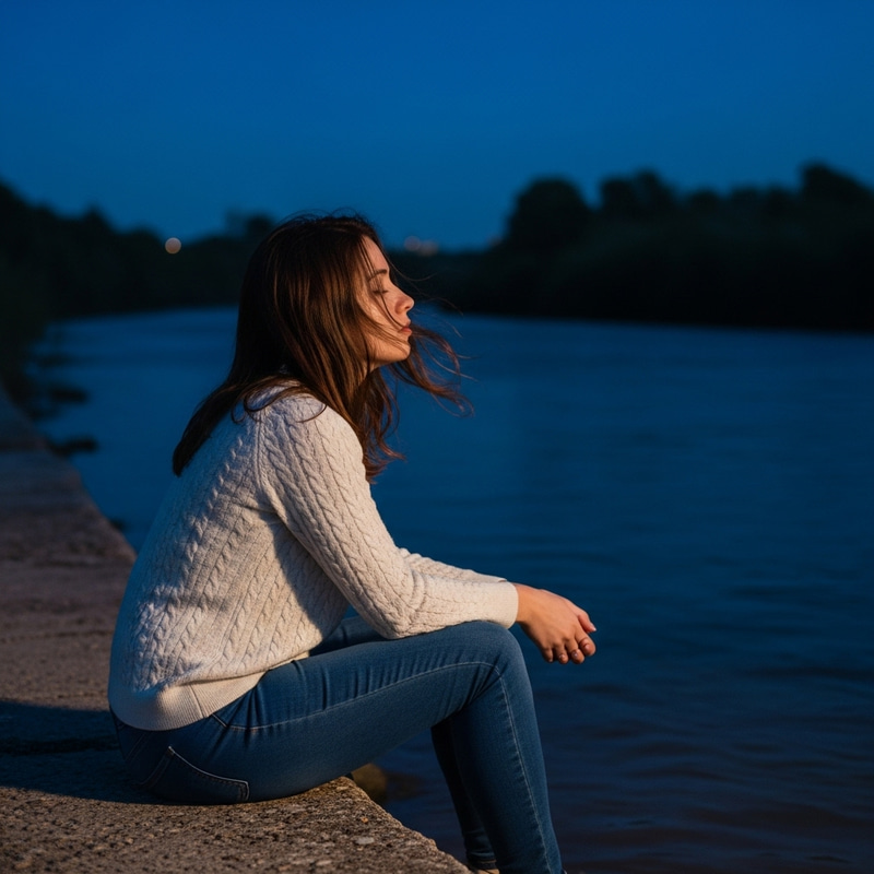 Tranquil Moonlit Night by the Riverside: Hispanic Girl