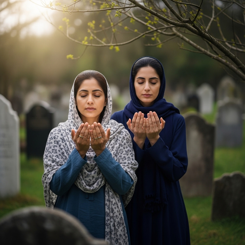 Two Women Praying in Graveyard: Serene Dua Moment Two Women Praying in Graveyard: Serene Dua Moment