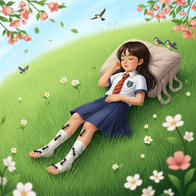 11-Year-Old Girl in School Uniform Sleeping Barefoot Surrounded by Ants