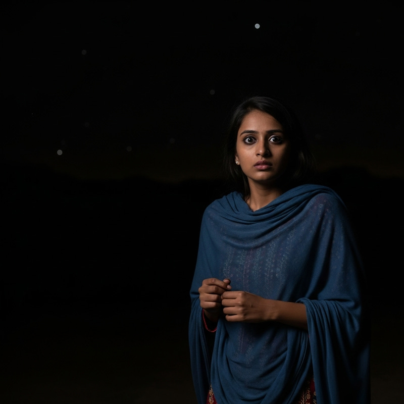 Scared South Asian Girl: Intense Nighttime Fear Captured Scared South Asian Girl: Intense Nighttime Fear Captured