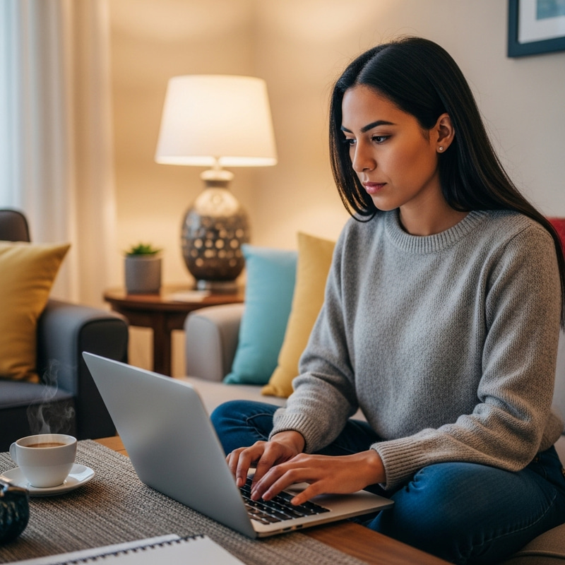 Beautiful Latina Woman Creating Content at Home with Laptop Beautiful Latina Woman Creating Content at Home with Laptop