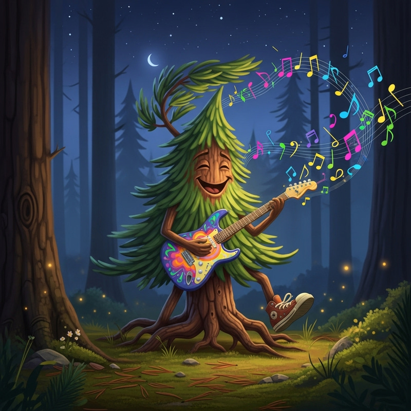 Whimsical Pine Tree Strumming Electric Guitar in Serene Forest at Twilight
