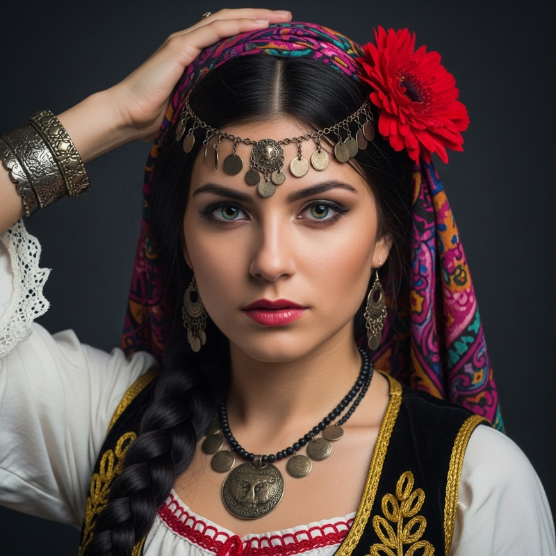 Alluring Gypsy Beauty: Dark Hair, Blue-Green Eyes, Youthful Charm Alluring Gypsy Beauty: Dark Hair, Blue-Green Eyes, Youthful Charm