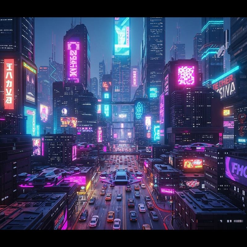 Bustling Cyberpunk City with Neon Skyscrapers & Flying Cars Bustling Cyberpunk City with Neon Skyscrapers & Flying Cars