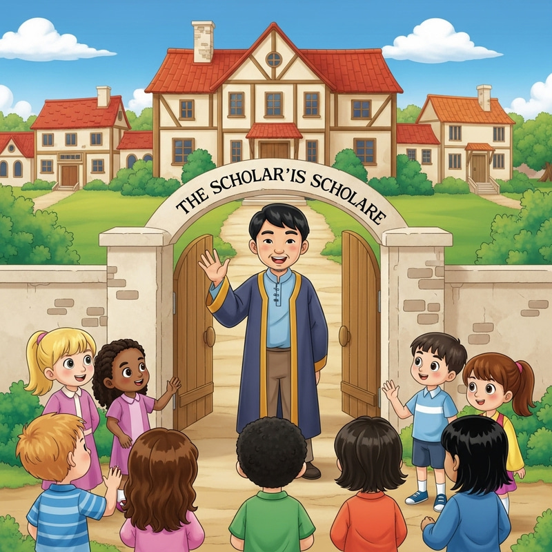 Whimsical Village Illustration - Scholar Tasio Welcomes Children