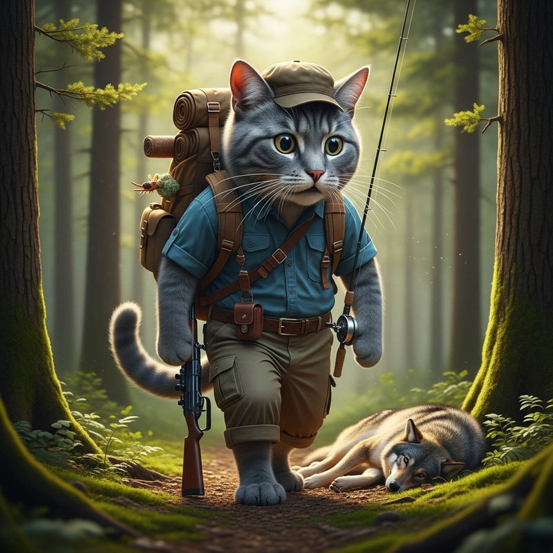 Realistic Grey Tomcat in Hiker's Attire with Rifle and Fallen Wolf in Forest Realistic Grey Tomcat in Hiker's Attire with Rifle and Fallen Wolf in Forest
