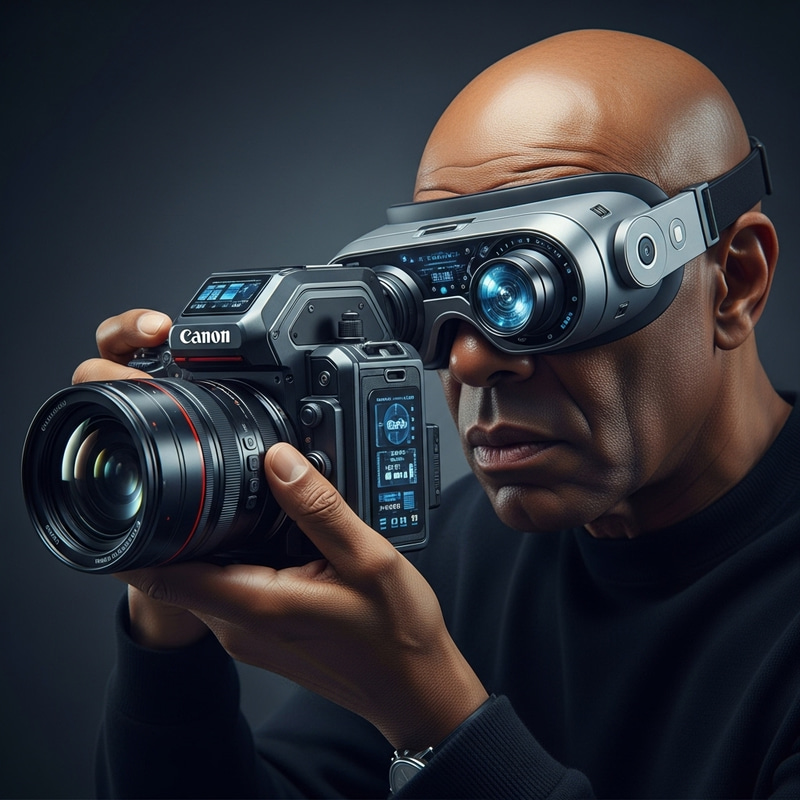 Futuristic African American Photographer with High-Tech Gear Futuristic African American Photographer with High-Tech Gear