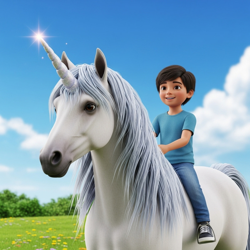 Hispanic Boy Riding Unicorn - Magical Moment