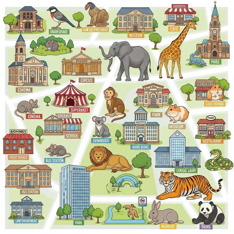 Vibrant City Map: Beasts Near Landmarks and Buildings Vibrant City Map: Beasts Near Landmarks and Buildings