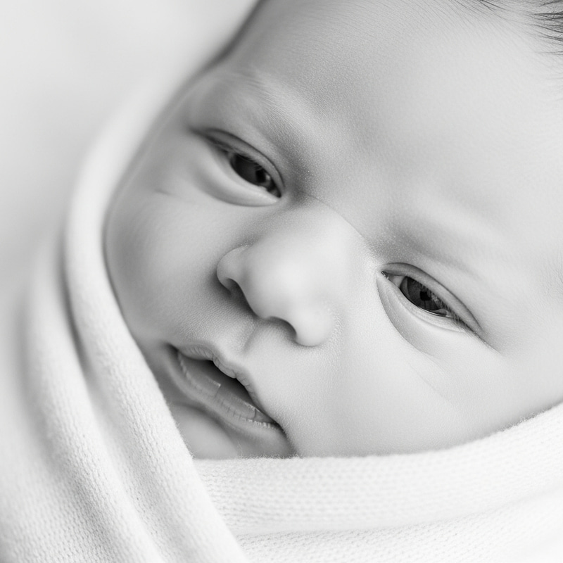 Innocent Newborn Baby Wrapped in Soft Blanket - Black and White Photo Innocent Newborn Baby Wrapped in Soft Blanket - Black and White Photo
