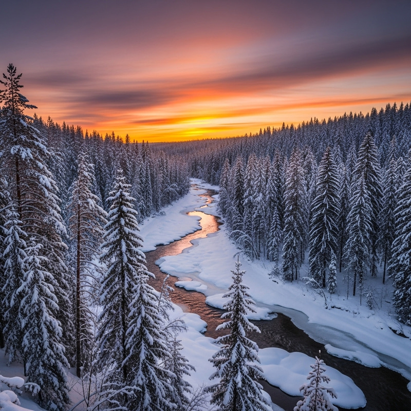 Winter Forest Landscape with River at Sunset Winter Forest Landscape with River at Sunset