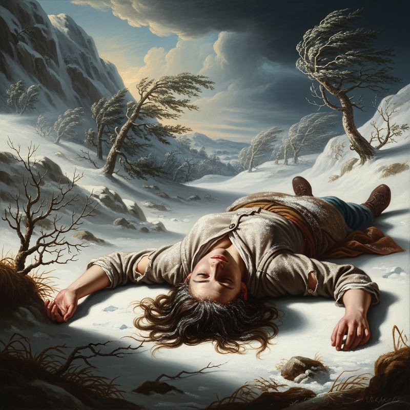 Baroque Style Lifeless Woman in Snowy Mountains Baroque Style Lifeless Woman in Snowy Mountains