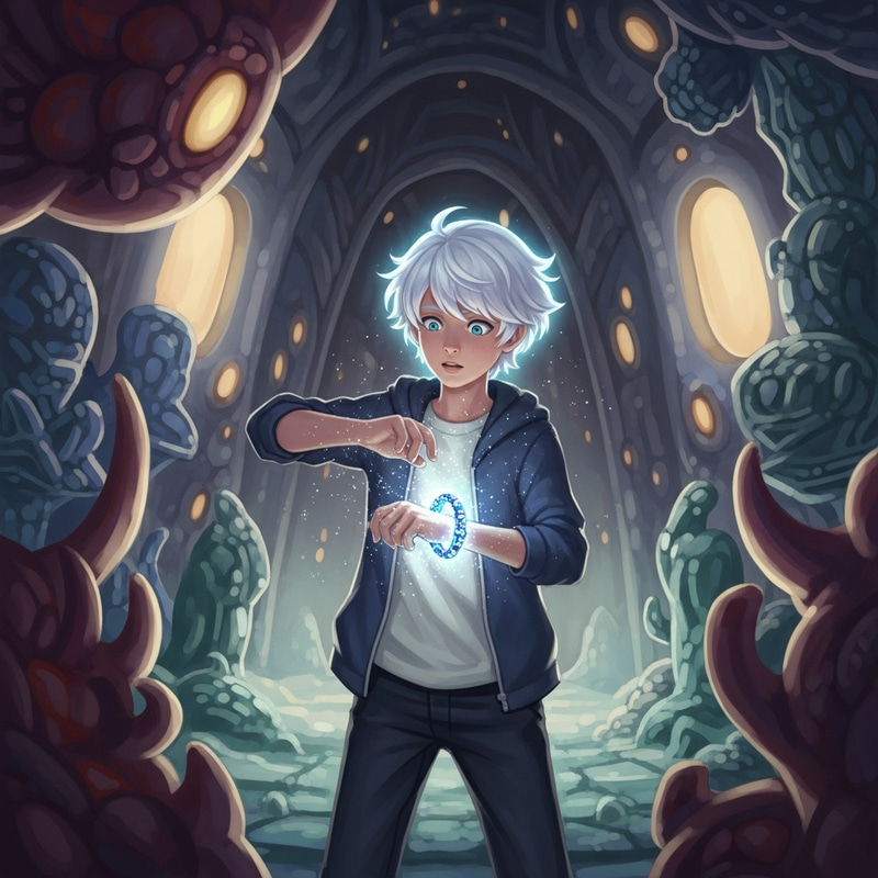 13-Year-Old White-Haired Boy in Unusual Place with Enchanting Bracelet 13-Year-Old White-Haired Boy in Unusual Place with Enchanting Bracelet