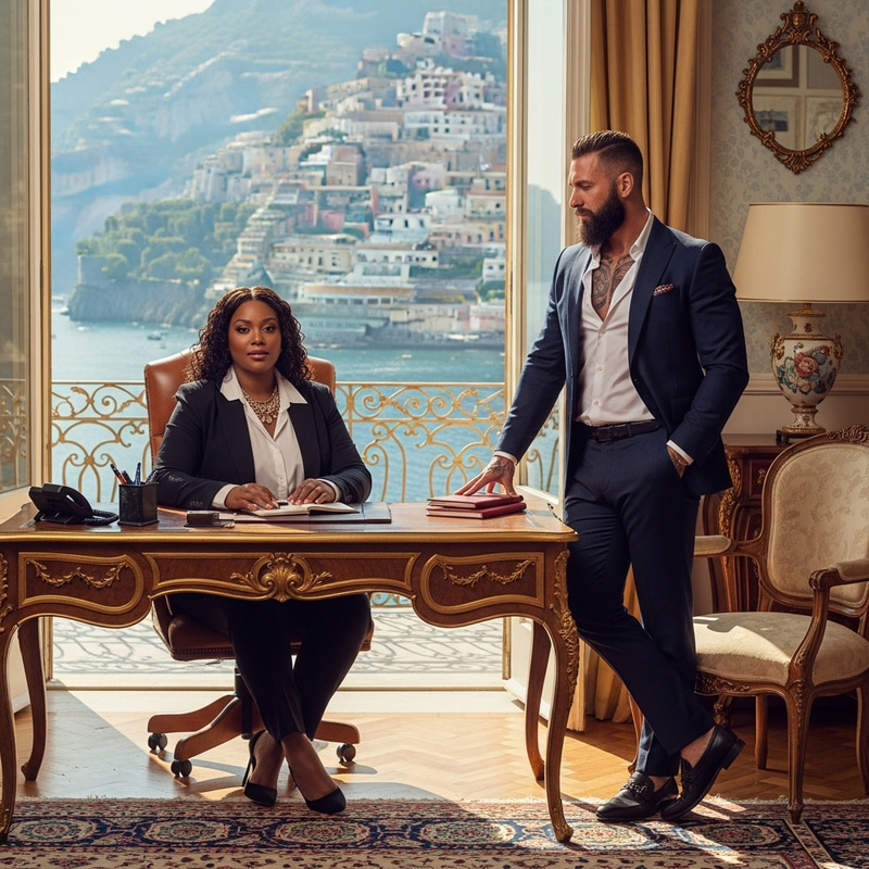 Luxurious Amalfi Coast Ambiance: Dynamic Power Couple in High Fashion