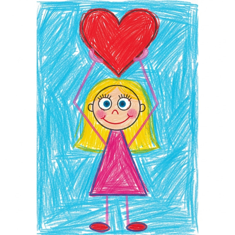 Child's Drawing of Girl Holding Heart | Vivid & Colorful Art Child's Drawing of Girl Holding Heart | Vivid & Colorful Art