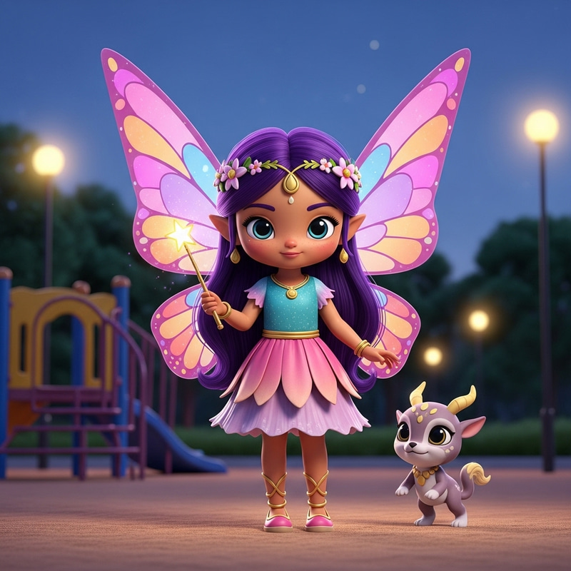 Kawaii South Asian Fairy with Vibrant Hair and Magical Wand
