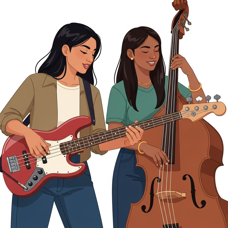 Cartoon Women Playing Electric and Upright Bass Cartoon Women Playing Electric and Upright Bass