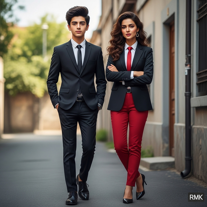Realistic Pakistani Boy and Girl in Black Suit and Red Trousers Realistic Pakistani Boy and Girl in Black Suit and Red Trousers