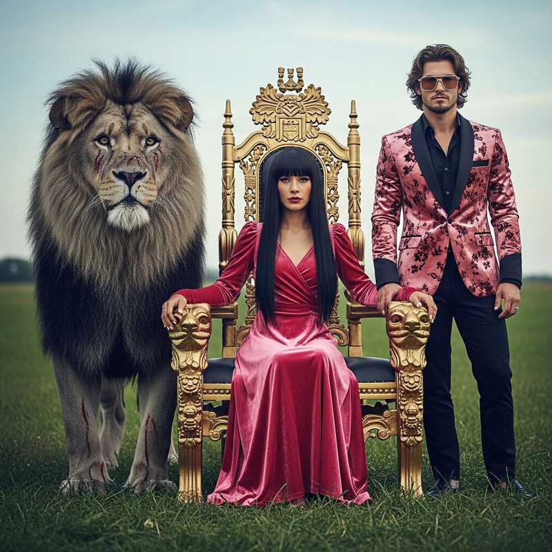 Majestic Lioness in Velvet Rose Red Dress with Alpha Lion Majestic Lioness in Velvet Rose Red Dress with Alpha Lion