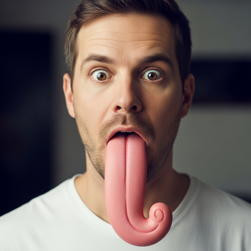 Handsome Caucasian Man with Surprised Expression and Long Tongue