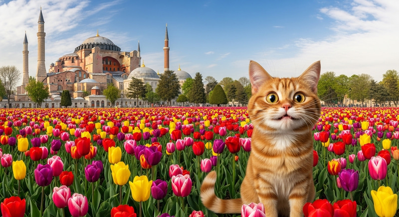 Hagia Sophia & Multicolored Tulip Field in Istanbul
