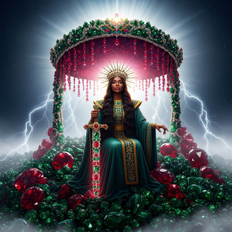 Divine Authority: Majestic Black Woman on Ruby-Emerald Mountain