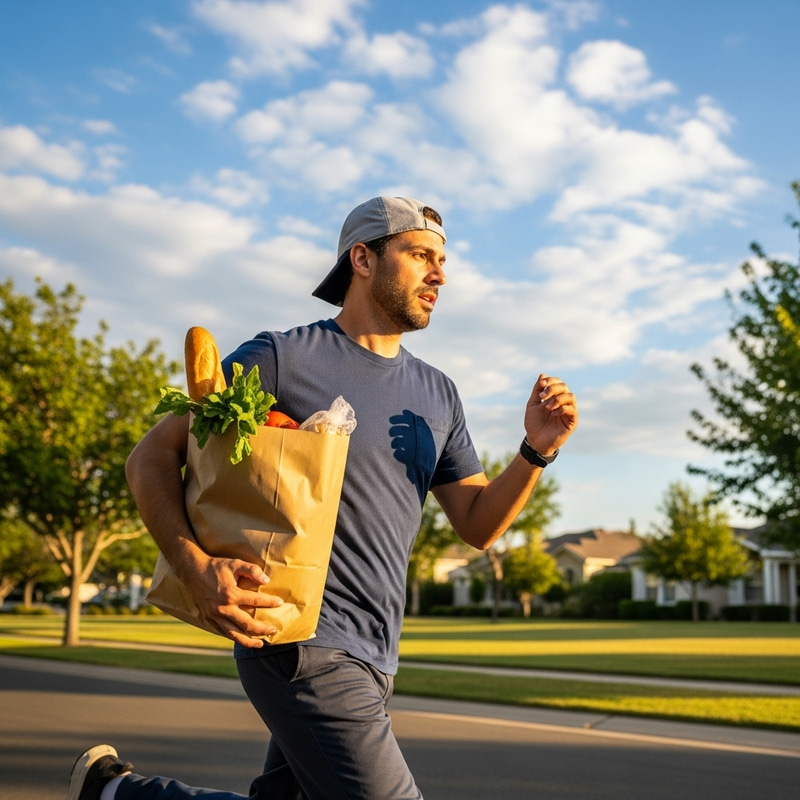 Man in T-shirt and Cap Running with Bag | Grocery Delivery