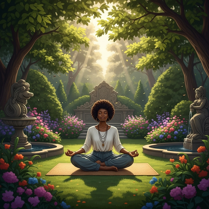Tranquil Morning Meditation in Serene Garden with Black Woman Practicing Tranquil Morning Meditation in Serene Garden with Black Woman Practicing