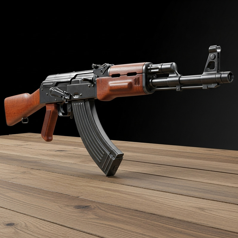 Iconic AK-47 Firearm Display in Rustic Setting Iconic AK-47 Firearm Display in Rustic Setting