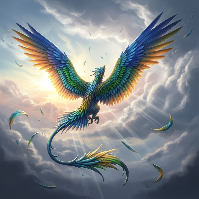 Vibrant Feathered Mystical Creature Soaring in Cloudy Sky Vibrant Feathered Mystical Creature Soaring in Cloudy Sky