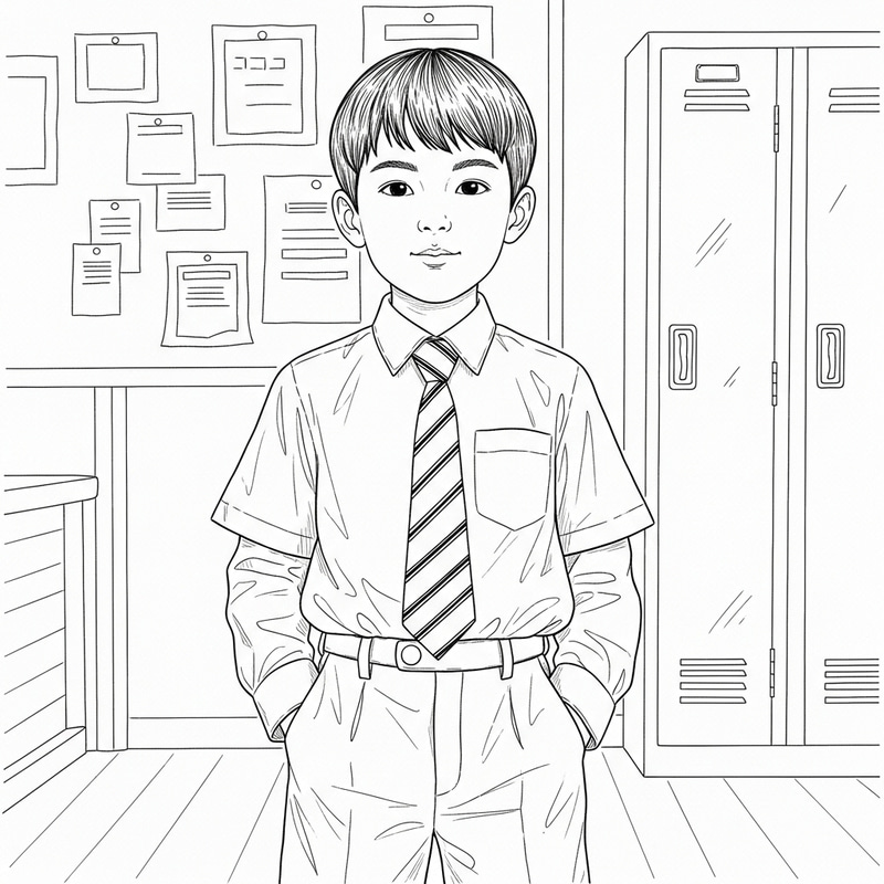 Charming Black and White Drawing of a Young Student