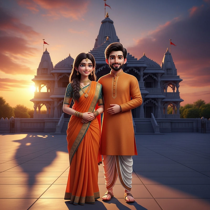 24-Year-Old Indian Couple in Traditional Attire | Temple Sunset 3D Illustration 24-Year-Old Indian Couple in Traditional Attire | Temple Sunset 3D Illustration