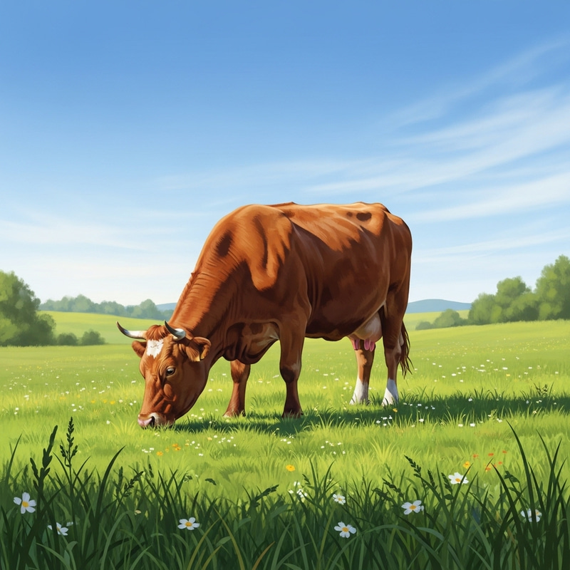 Serene Countryside Scene with Grazing Cow Serene Countryside Scene with Grazing Cow