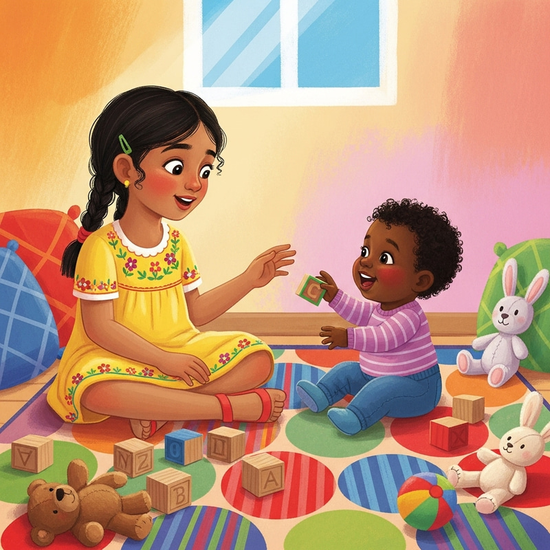 Sister Playing with Child on Colorful Carpet in Children's Book Style Sister Playing with Child on Colorful Carpet in Children's Book Style