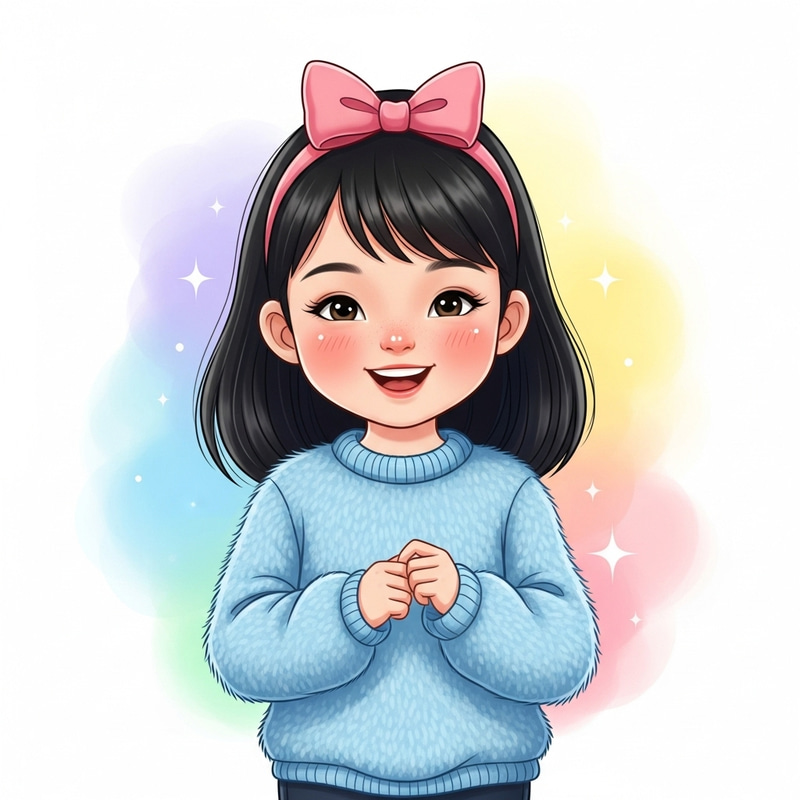 Cute Human Being in Sky-Blue Sweater with Pink Bow Cute Human Being in Sky-Blue Sweater with Pink Bow