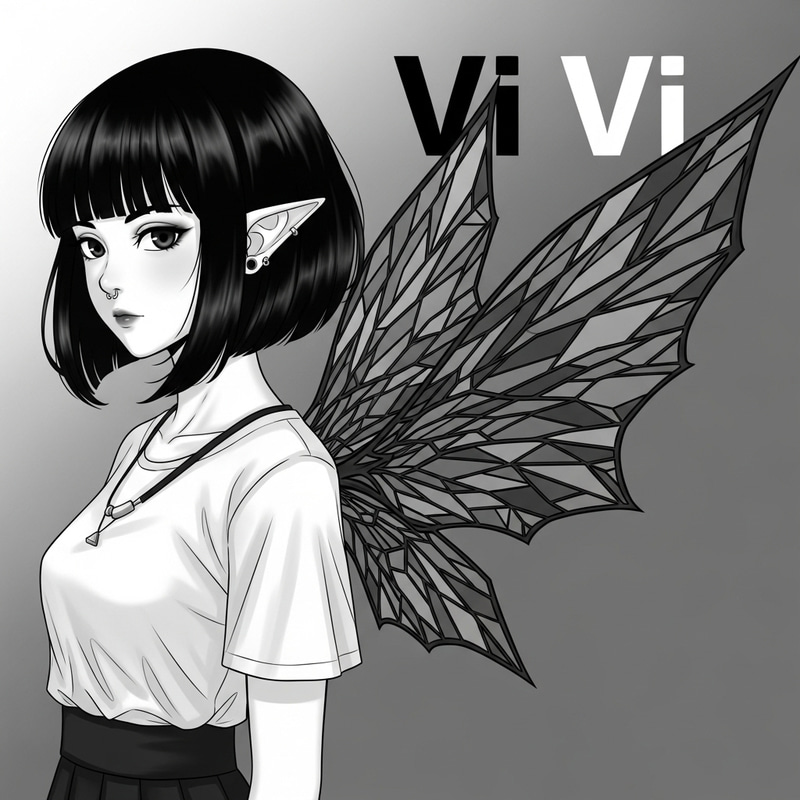 Anime Girl with Black Hair | Vi Vi Monochrome Illustration Featuring Unique Wings and Ears Anime Girl with Black Hair | Vi Vi Monochrome Illustration Featuring Unique Wings and Ears