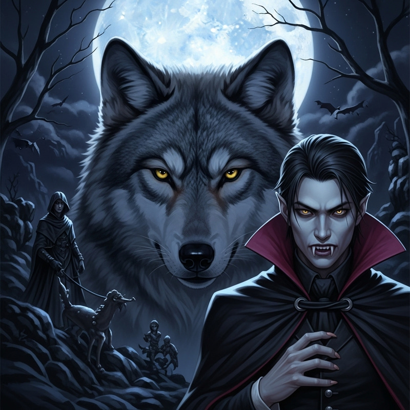 Mystical Wolf and East Asian Vampire in Captivating Encounter
