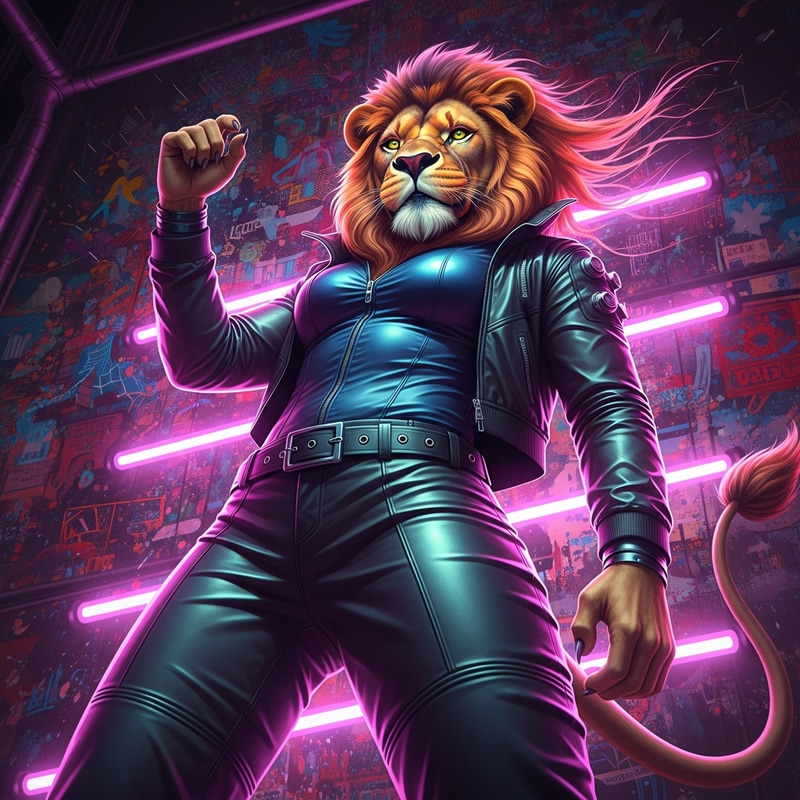 Sultry Neonlight Lion in Colorful Leather Clothes - CarnageStyle Sultry Neonlight Lion in Colorful Leather Clothes - CarnageStyle