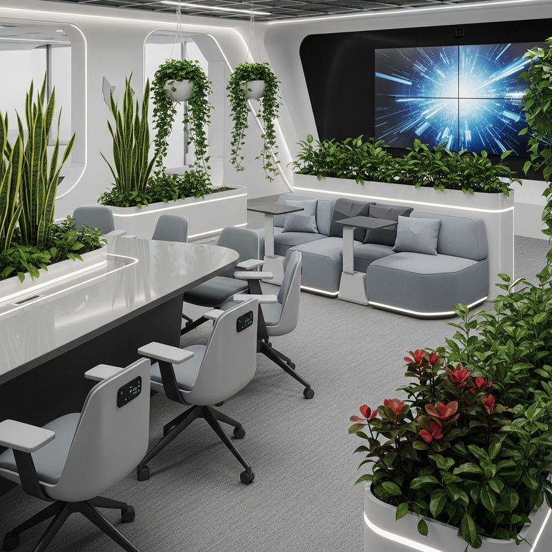 Futuristic Office Breakout Design with Ergonomic Furniture & Greenery Futuristic Office Breakout Design with Ergonomic Furniture & Greenery