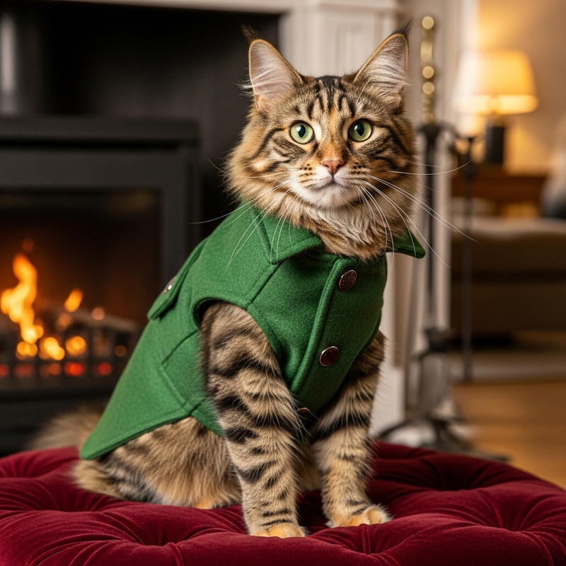 Stylish Green Coat Adorned by Cat