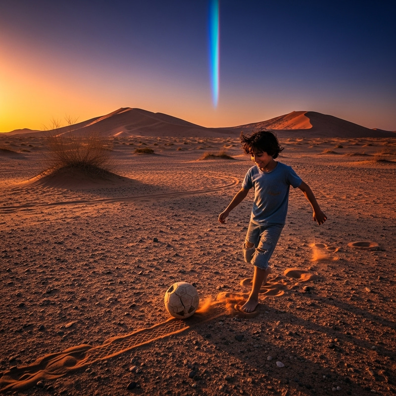 Enchanting Scene of Child Playing Soccer in Desert Sunset Enchanting Scene of Child Playing Soccer in Desert Sunset