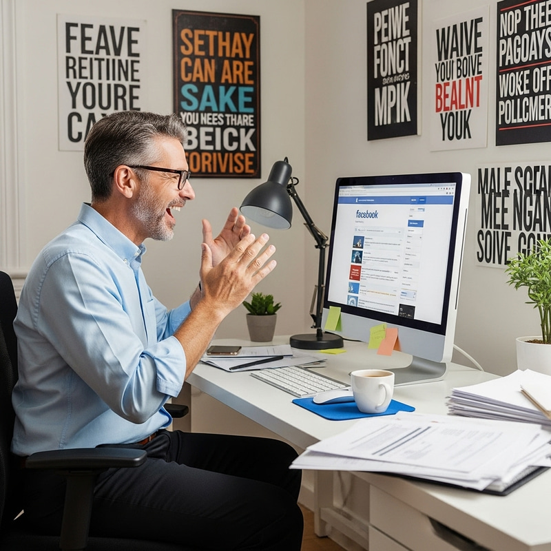 Joyous Self-Employed Man on Facebook in Home Office Setting Joyous Self-Employed Man on Facebook in Home Office Setting