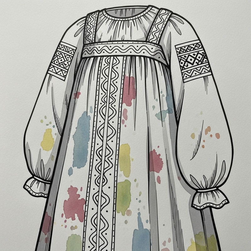 Illustrated Traditional Russian Dress: Ink & Watercolor Style Illustrated Traditional Russian Dress: Ink & Watercolor Style