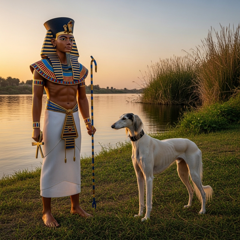 Intricately Dressed Pharaoh with Saluki Dog by the Nile